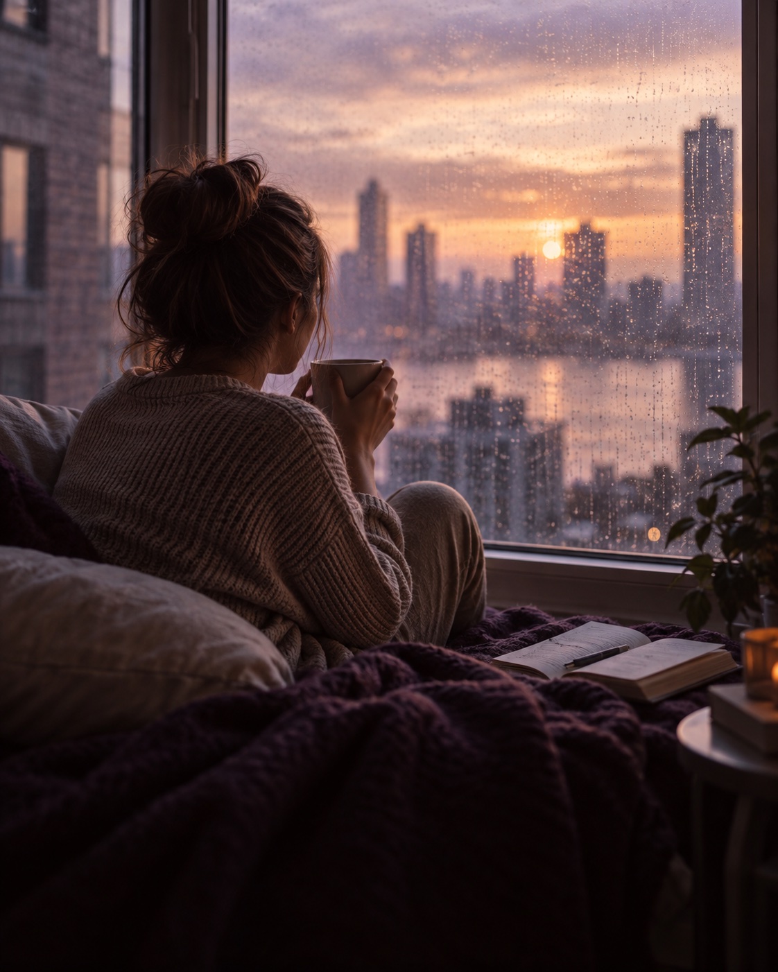 Woman holding a warm mug by a rain-speckled window with a journal